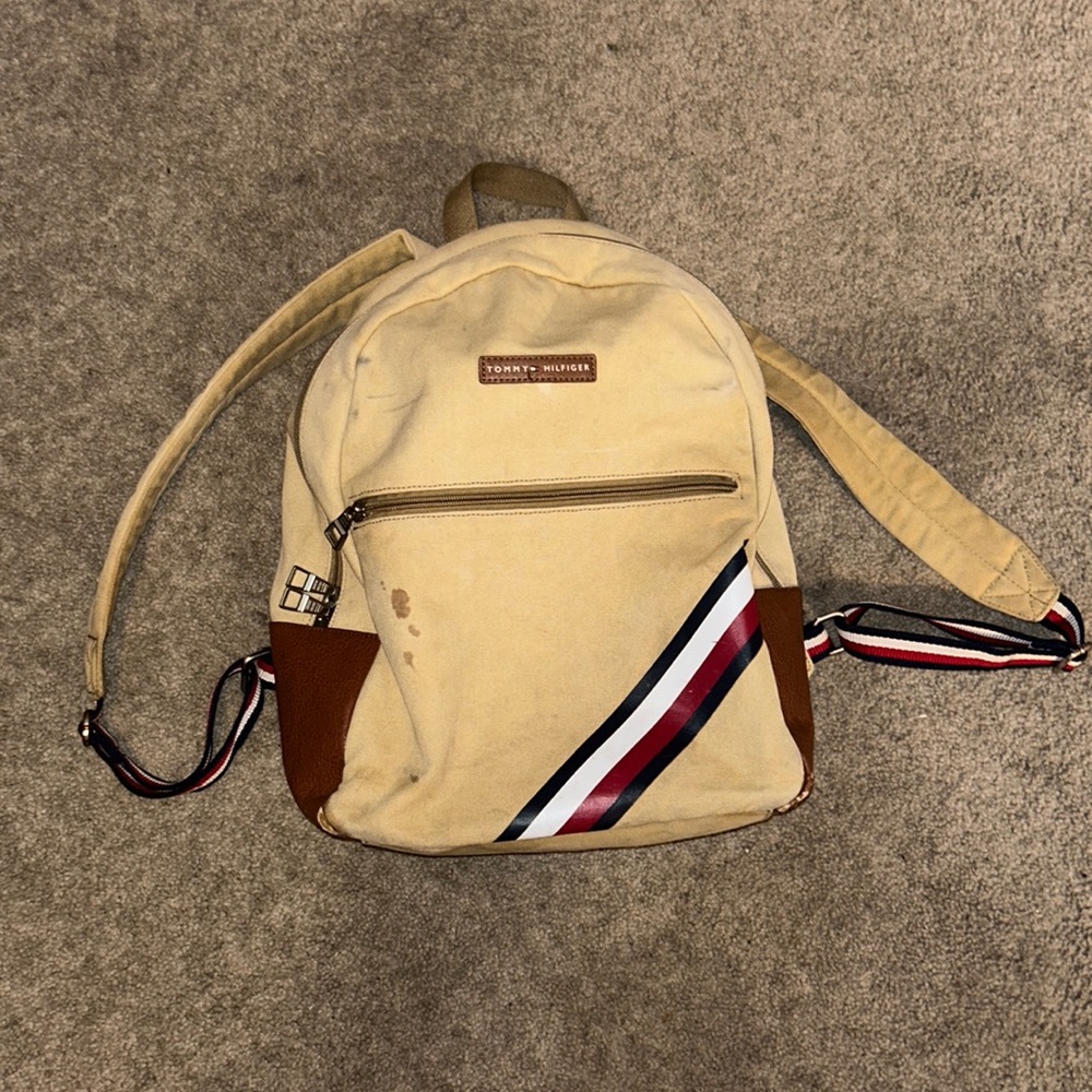 Vintage Tommy Hilfiger backpack tan with red white and blue straps